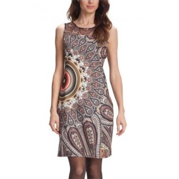 Desigual Mocha Brown Geo-Floral Print Sleeveless Dress Large - Picture 9 of 11